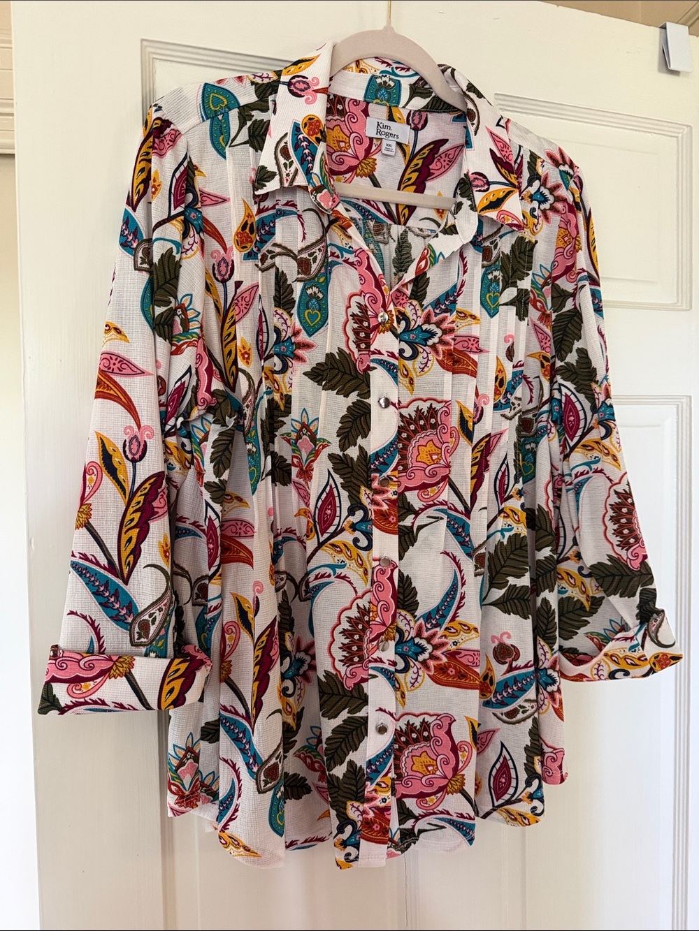 Kim Rogers White Paisley Button-Front Blouse with Pink, Blue & Yellow Accents